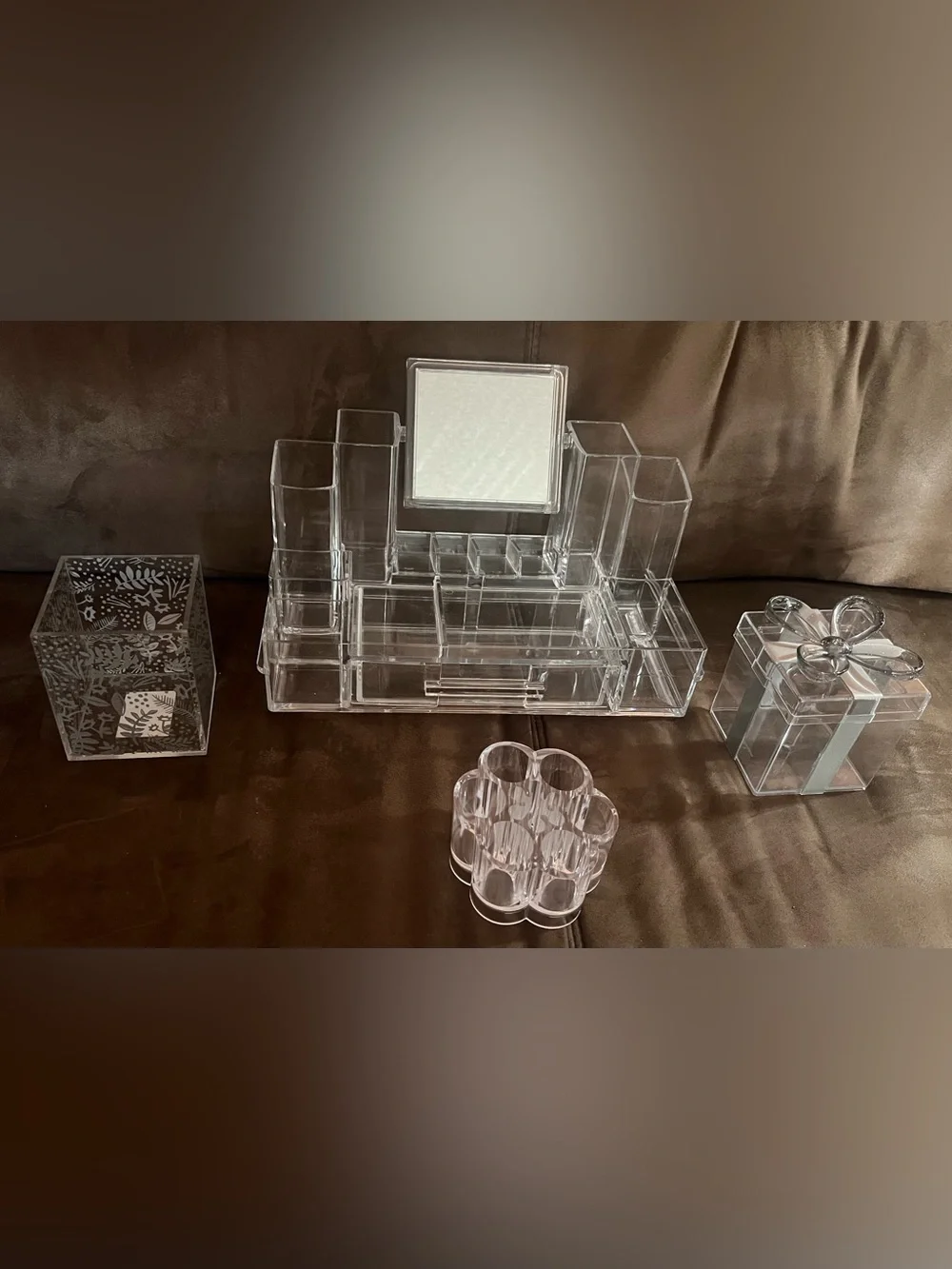 Clear Acrylic Makeup Organizer Set with Mirror+3 pieces Transparent Storage